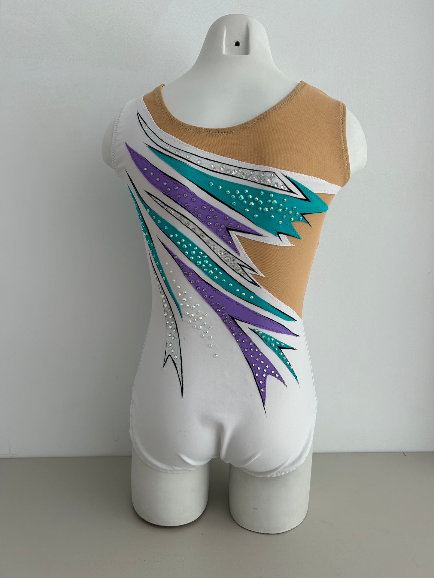 Maillot azul claro y blanco lila de competición malla mallot maillots shaer tienda de gimnasia ritmica en madrid maillots de competicion en venta disponibles en Madrid España y online