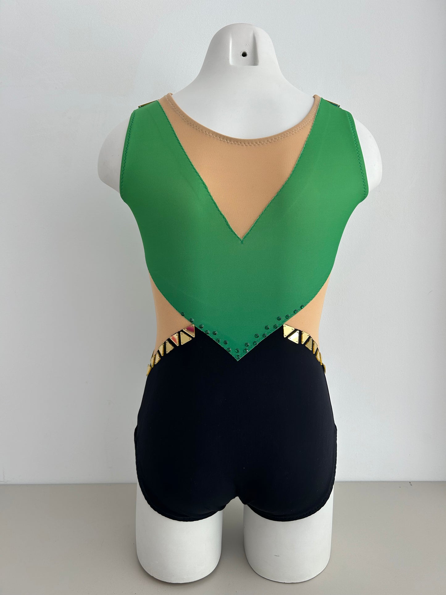 Maillot verde dorado negro de competición malla mallot maillots shaer tienda de gimnasia ritmica en madrid maillots de competicion en venta disponibles en Madrid España y online