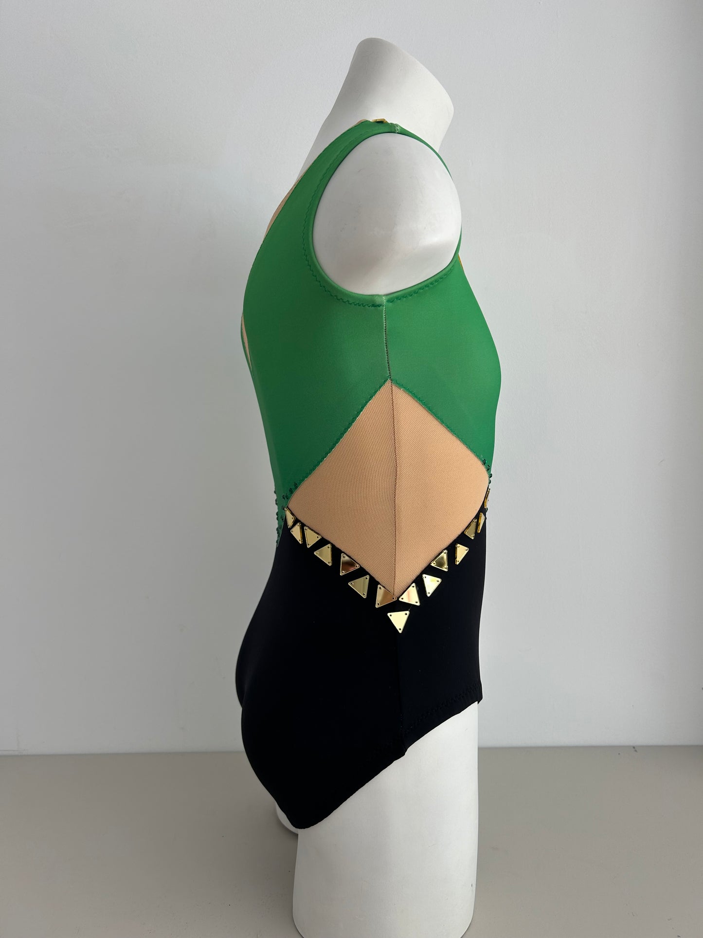 Maillot verde dorado negro de competición malla mallot maillots shaer tienda de gimnasia ritmica en madrid maillots de competicion en venta disponibles en Madrid España y online