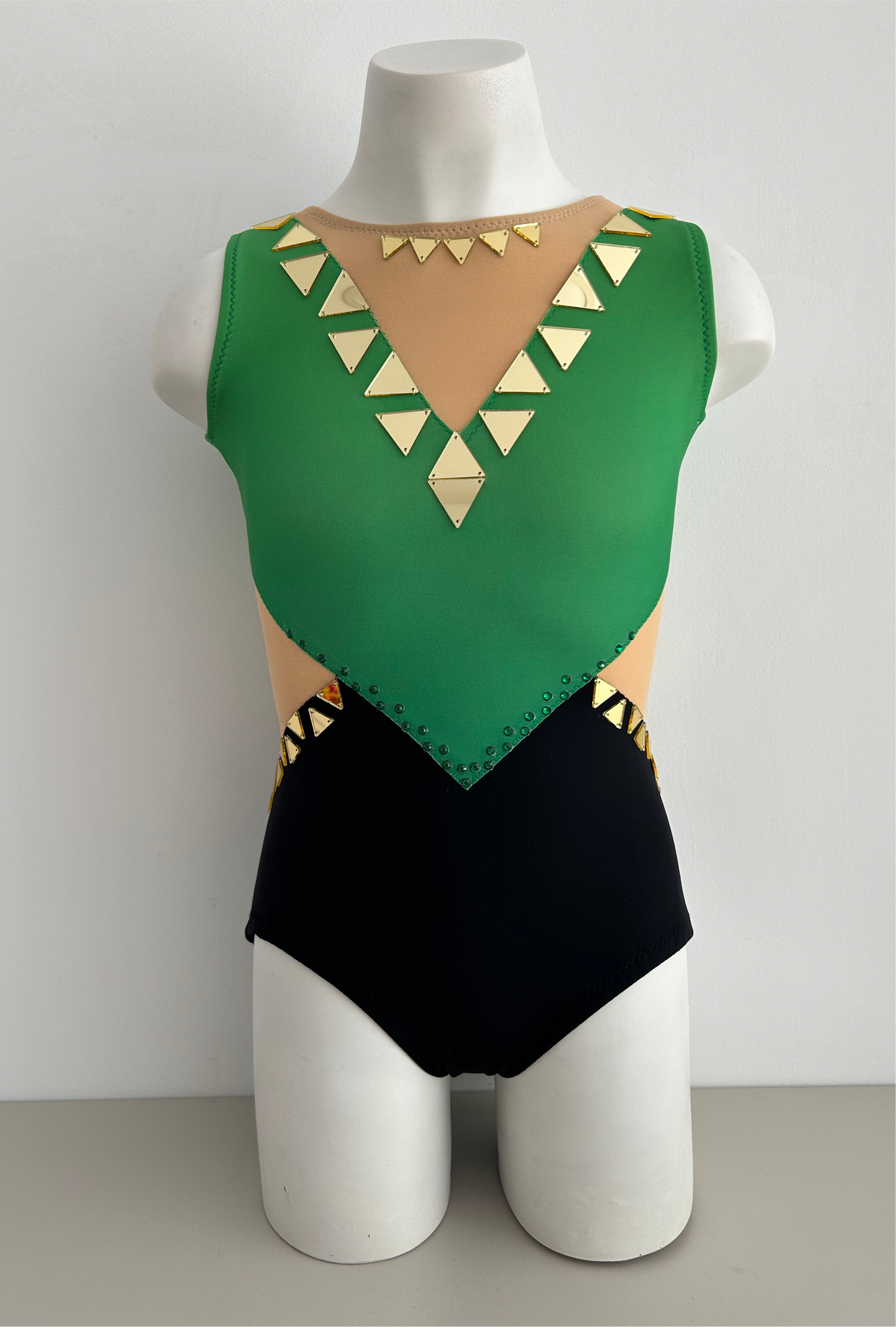 Maillot verde dorado negro de competición malla mallot maillots shaer tienda de gimnasia ritmica en madrid maillots de competicion en venta disponibles en Madrid España y online