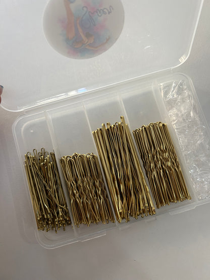 Caja de horquillas variadas y gomas. 300 uds. - marrón, negro o dorado