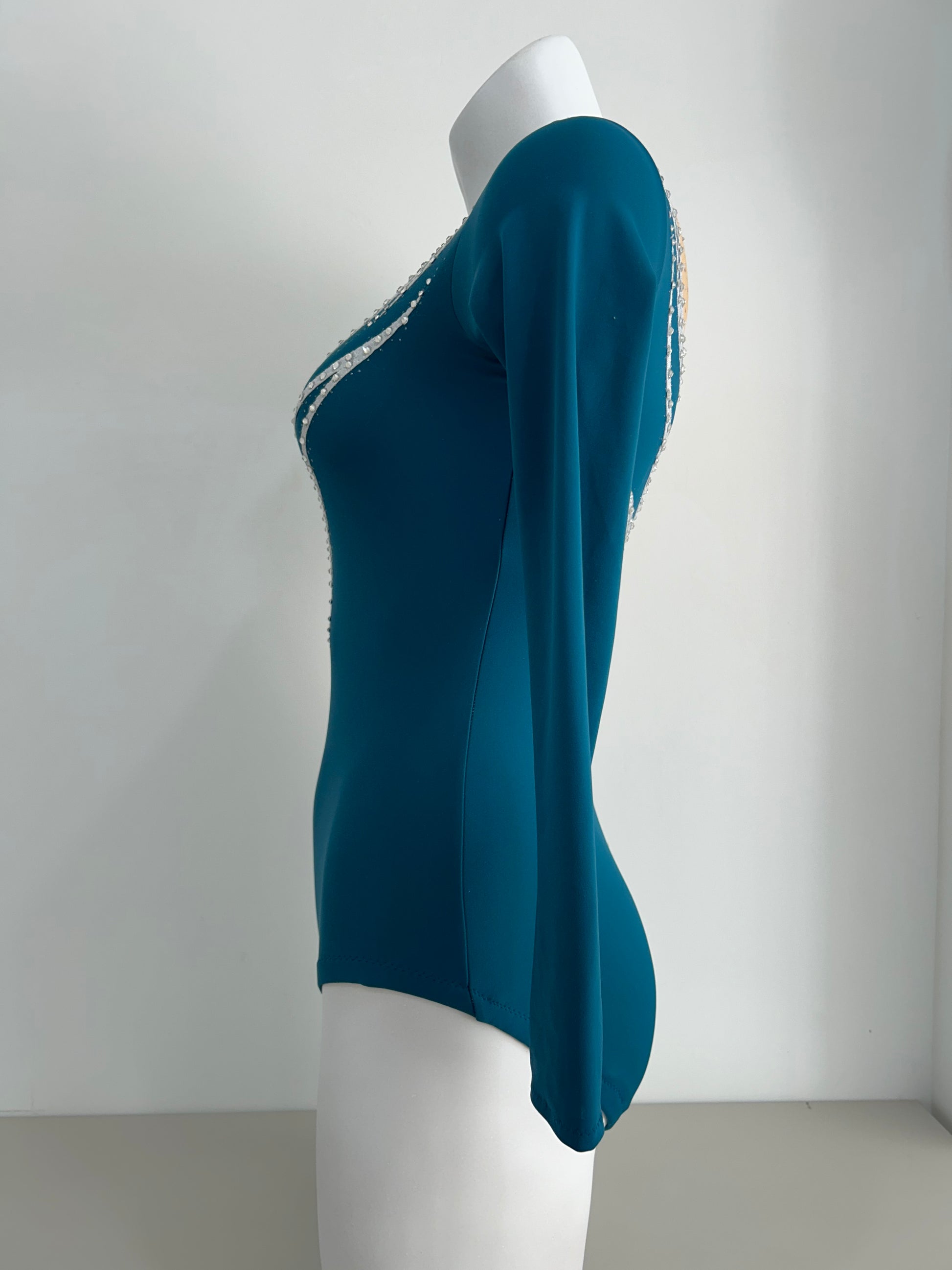 maillot competicion gimnasia ritmica competicion en venta madrid  malla mallot maoit mayots gimnasta shaer tienda de gimnasia ritmica y maillots a medida en madrid españa envios azul petroleo verdoso manga larga gimnasta  elegante 