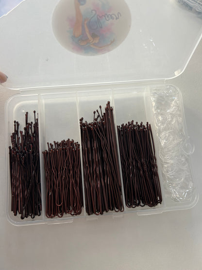 Caja de horquillas variadas y gomas. 300 uds. - marrón, negro o dorado