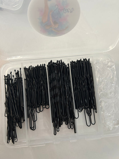 Caja de horquillas variadas y gomas. 300 uds. - marrón, negro o dorado