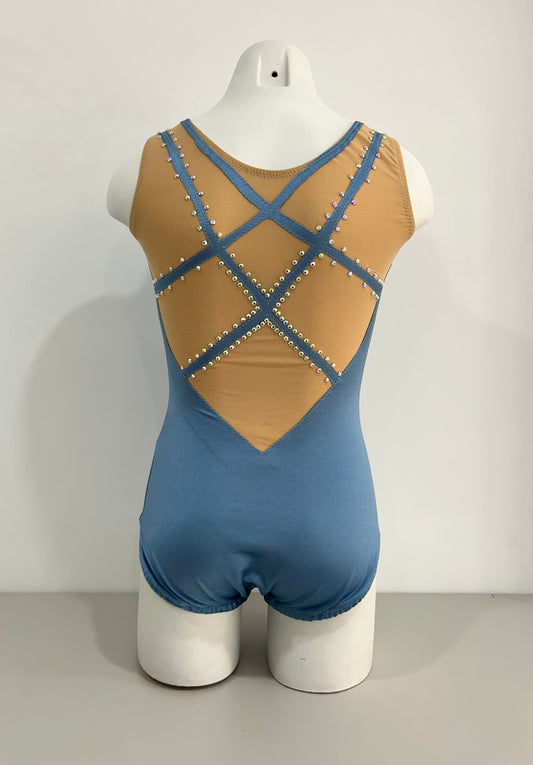 maillot competicion gimnasia ritmica en madrid y online malla mallas mayot mayots maiot maiots mallots en venta comprar online shaer  azul grisaceo gris tiras cruzadas espalda
