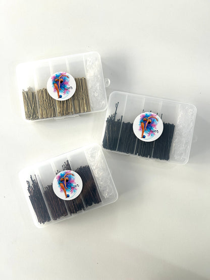 Caja de horquillas variadas y gomas. 300 uds. - marrón, negro o dorado