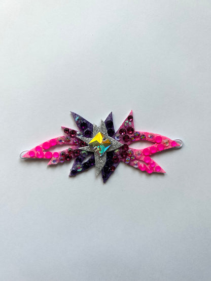 adorno de moño colores fluor para gimnasta de gimnasia ritmica edicion limitada shaer morado rosa plata aurora boreal