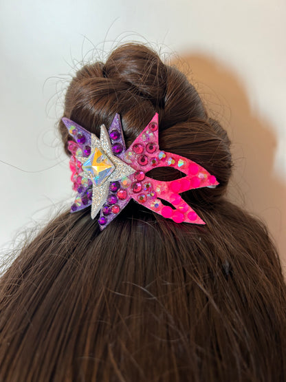 adorno de moño colores fluor para gimnasta de gimnasia ritmica edicion limitada shaer morado rosa plata aurora boreal