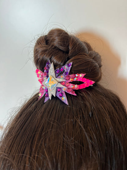 adorno de moño colores fluor para gimnasta de gimnasia ritmica edicion limitada shaer morado rosa plata aurora boreal