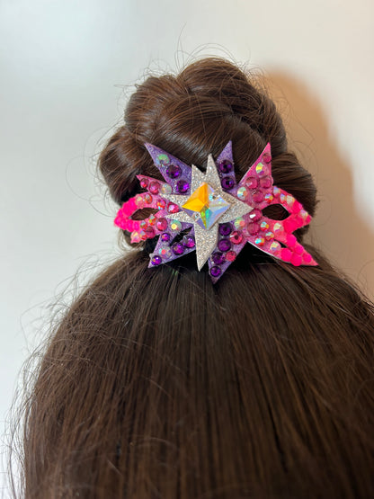 adorno de moño colores fluor para gimnasta de gimnasia ritmica edicion limitada shaer morado rosa plata aurora boreal