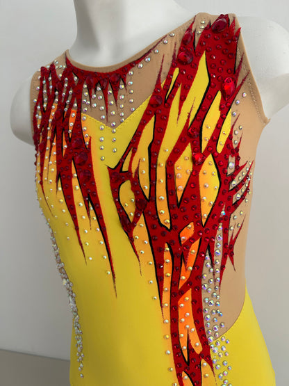 Maillot de competición amarillo y rojo malla mallot maillots shaer tienda de gimnasia ritmica en madrid maillots de competicion en venta disponibles en Madrid España y online 