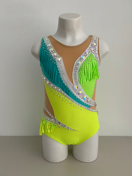 Maillot fluor con flecos de competición malla mallot maillots shaer tienda de gimnasia ritmica en madrid maillots de competicion en venta disponibles en Madrid España y online 