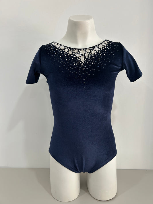 malla mallot maillots shaer tienda de gimnasia ritmica en madrid azul marino terciopelo con cristales en el cuello 