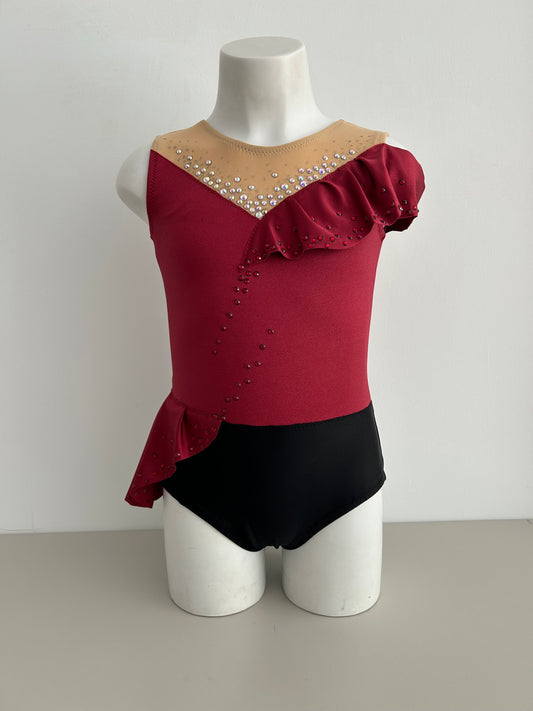 Maillot de competición negro y granate volantes flamenco falda para niña malla mallot maillots shaer tienda de gimnasia ritmica en madrid maillots de competicion en venta disponibles en Madrid España y online 