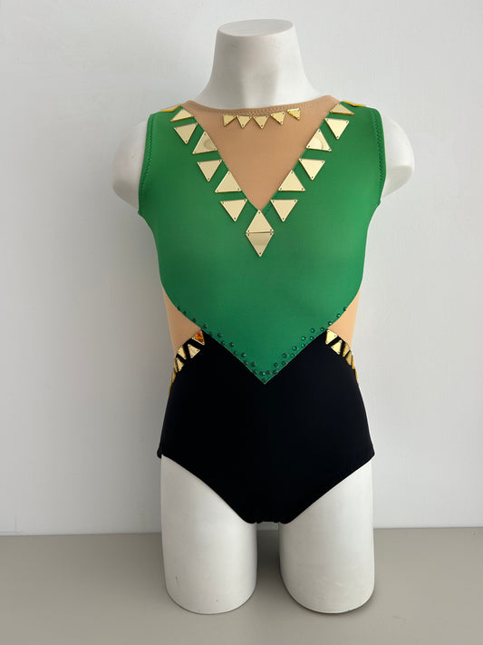 Maillot verde dorado negro de competición malla mallot maillots shaer tienda de gimnasia ritmica en madrid maillots de competicion en venta disponibles en Madrid España y online 