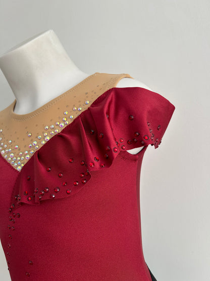 Maillot de competición negro y granate volantes flamenco falda para niña malla mallot maillots shaer tienda de gimnasia ritmica en madrid maillots de competicion en venta disponibles en Madrid España y online 
