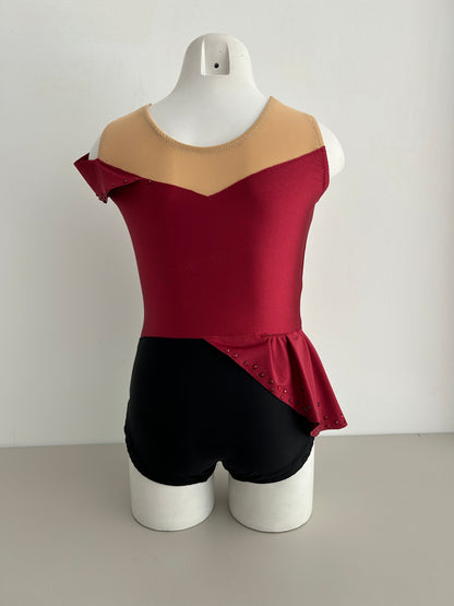 Maillot de competición negro y granate volantes flamenco falda para niña malla mallot maillots shaer tienda de gimnasia ritmica en madrid maillots de competicion en venta disponibles en Madrid España y online 